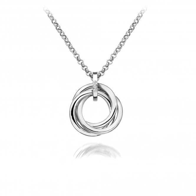 Silver necklace with interlocking rings pendant on a white background