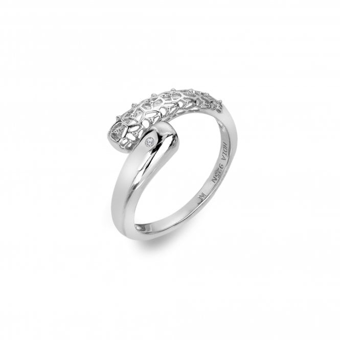 Silver ring with intricate design on a white background