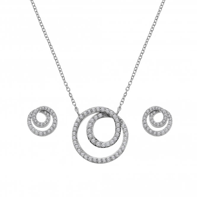 Silver jewelry set with circular pendant and matching earrings on a white background