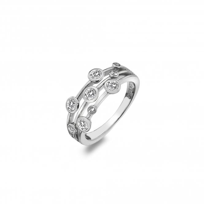 Silver ring with embedded diamonds on a white background