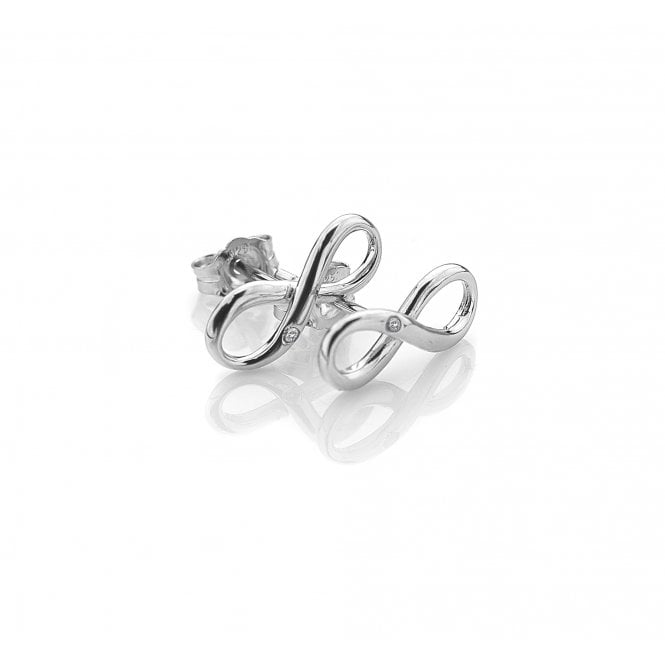 Silver infinity symbol earrings on a white background