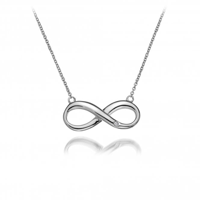 Silver infinity necklace on a white background