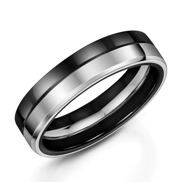 Men's Zedd ZT561 Black Zirconium & Silver Ring with Polished Inlay – 6mm